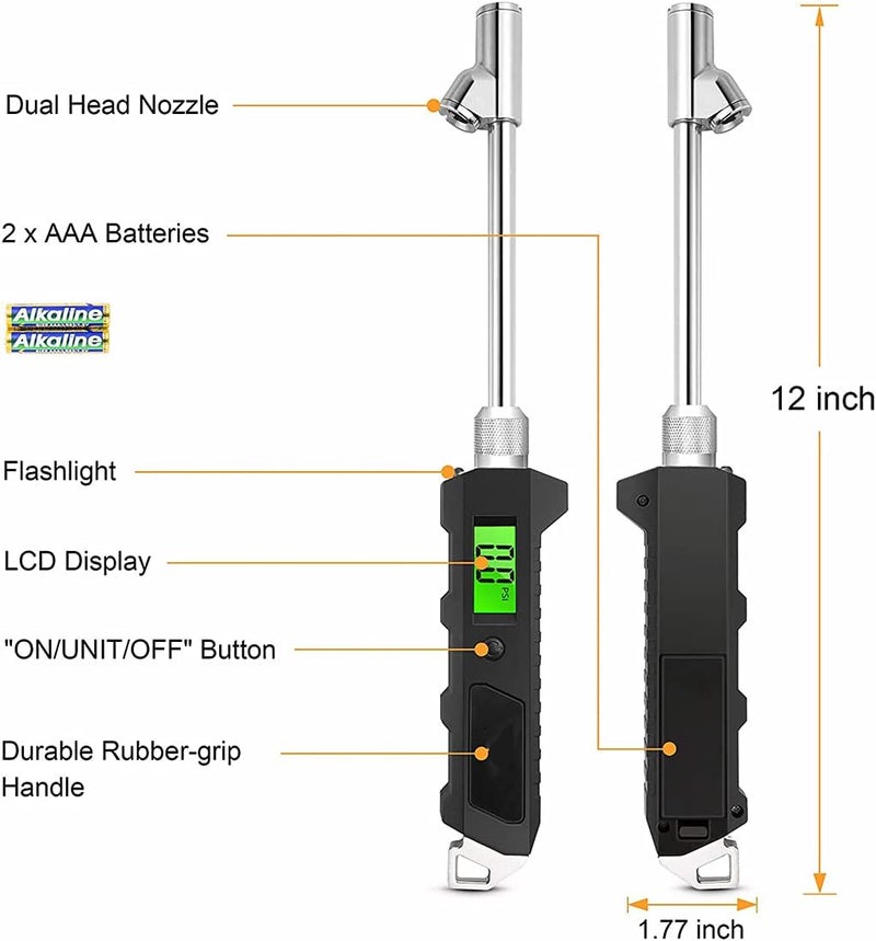 KASTWAVE Digital Tire Pressure Gauge 230 PSI Heavy Duty Dual Head for Truck and RV with Backlit LCD and Flashlight with Keyring Tyre Air Inflator Gauge With Flexible Hose for Cars Motorbike - Image 2