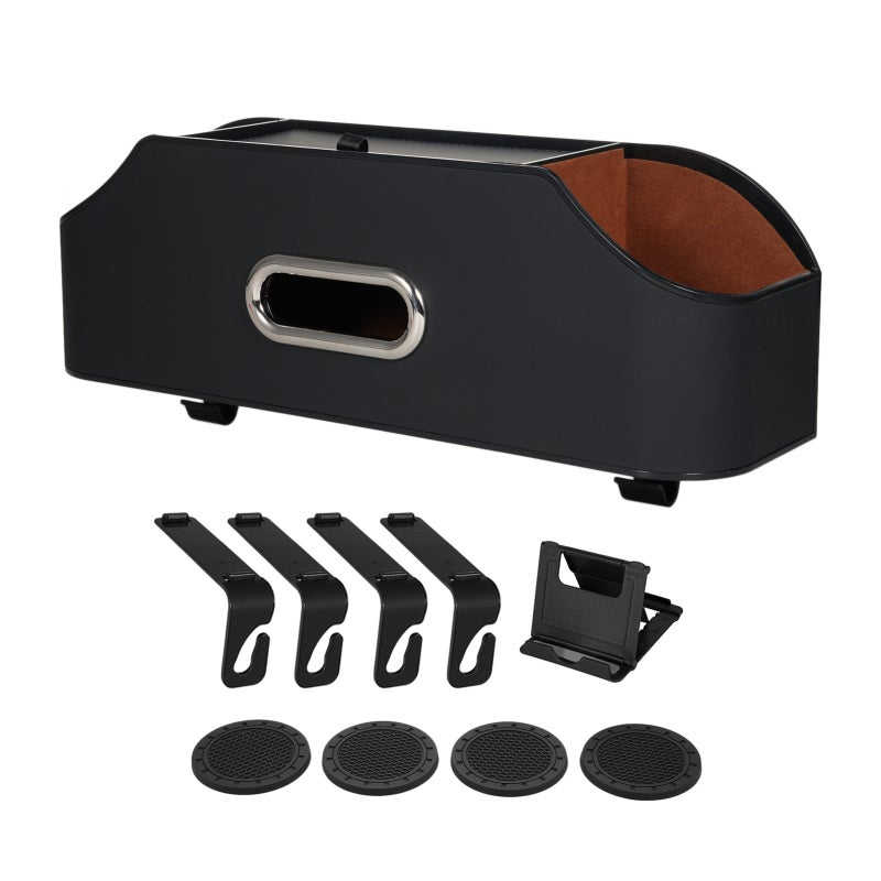 Aumotop Car Backseat Organizer: Black ABS & Leather - Multifunctional With 2 Cup Holders, Phone Holder & Hooks Car Headrest Storage Box for Road Trips, Family Travel & Car Interior Tidying - Image 1