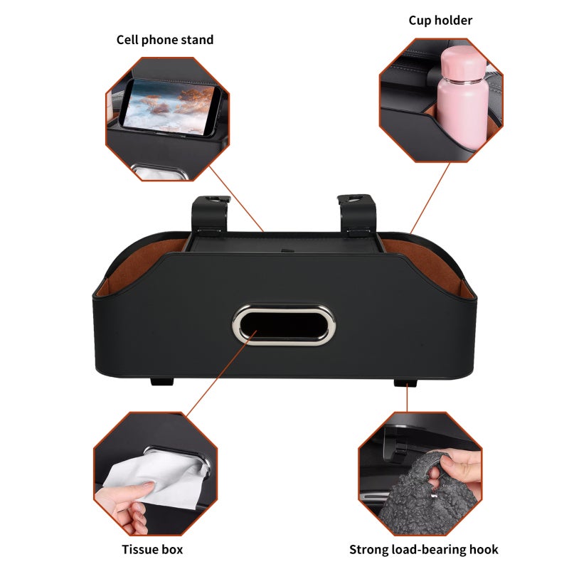 Aumotop Car Backseat Organizer: Black ABS & Leather - Multifunctional With 2 Cup Holders, Phone Holder & Hooks Car Headrest Storage Box for Road Trips, Family Travel & Car Interior Tidying - Image 4