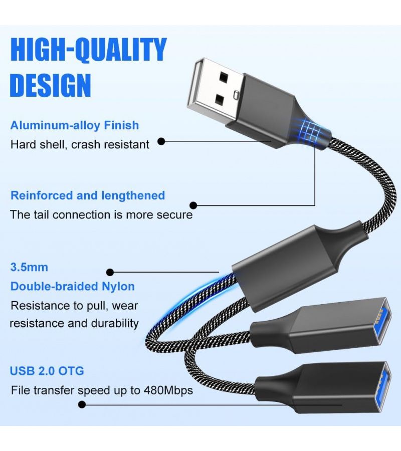 كابل مقسم USB Y ثنائي في واحد، كابل مقسم منفذ USB 2.0 مزدوج، محول USB ذكر أنثى للسيارة، لأجهزة سلسلة X S وPS4 وPS5 واللابتوب، لون أسود. - Image 4