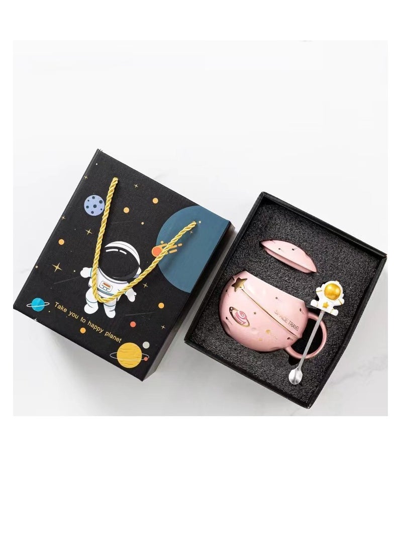 Y&D Astronaut Cup Space Embossed Planet Mug 13.52oz Ceramic Coffee Mugs with Lid And Spoon Gift Box Cute Ceramic Coffee Mug Unique Gift Birthday For Girl Boy Women Men (Pink)  - Image 1