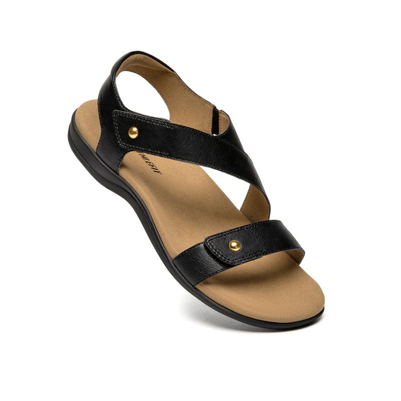 Athlefit Orthopedic Sandals for Women Summer Comfortable Arch Support Sandals Orthotic Leather Black Flat Sandals Size 9.5 - Image 4