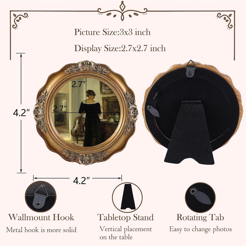 SIKOO Vintage Picture Frames 3x3 Small Antique Round Picture Frame Tabletop and Wall Mount Vintage Mini Wall Decor Bronze Gold - Image 5