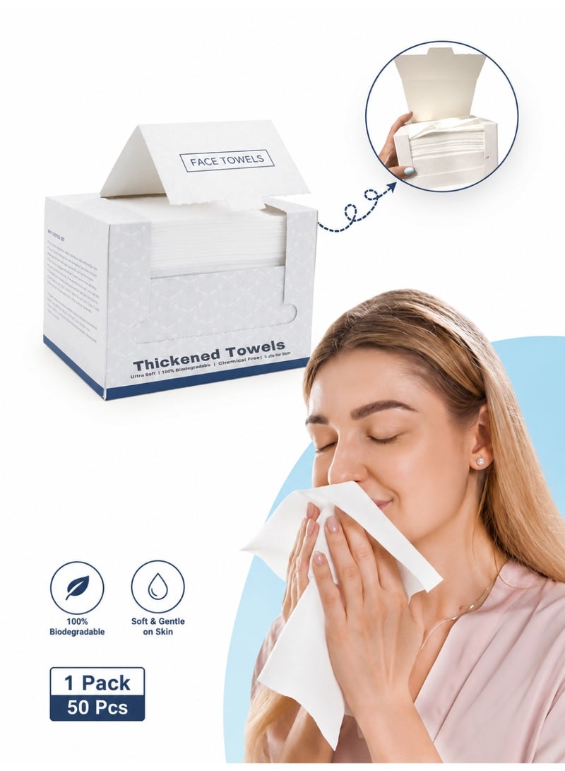 Eworld Thickened Disposable Face Towels – Ultra Soft Biodegradable Facial Cleansing Tissues for Sensitive Skin – Eco Friendly Vegan & Cruelty Free Cotton Wipes – Gentle Makeup Remover & Skincare Towels – Reusable Alternative Hygienic Travel Beauty Cleaning Towel (50 Count) - Image 1
