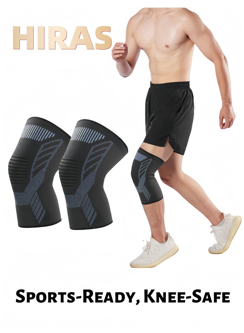 Hiras Knee Brace for Men & Women - 2-Piece Adjustable Compression Sleeves for Knee Pain Relief & Joint Support, Anti-Slip High-Elastic Sport Knee Pads for Running, Basketball, Gym Workout & Injury Recovery - Image 1