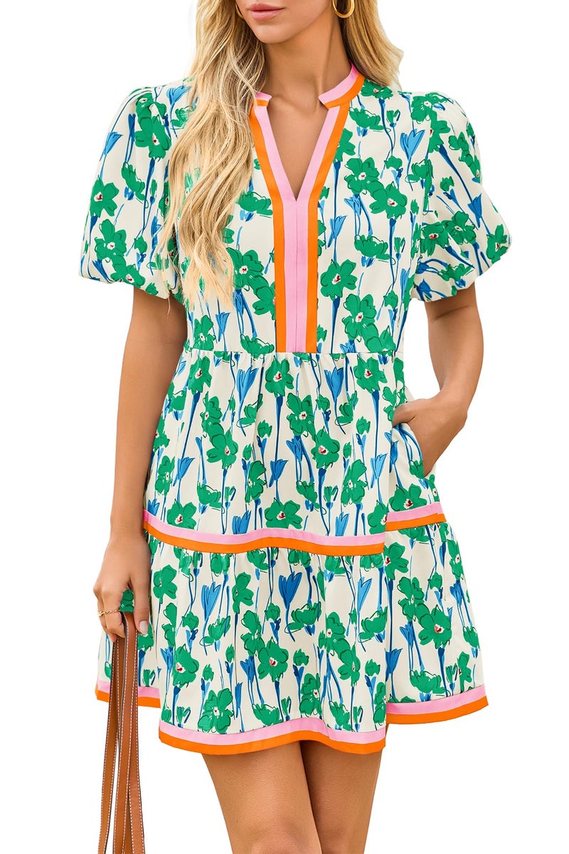 Cicy Bell Womens V Neck Floral Mini Dress Short Puff Sleeve Patchwork Summer Casual Boho Dresses Green - Image 1