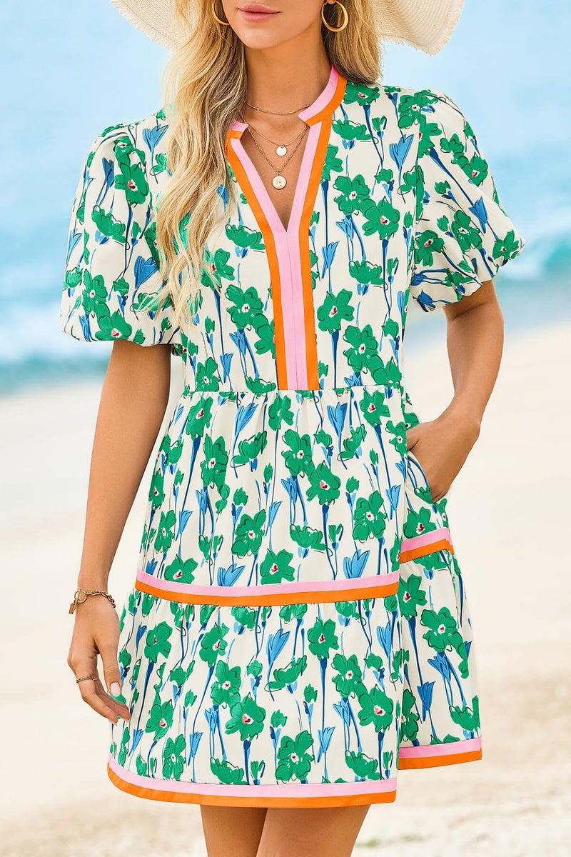 Cicy Bell Womens V Neck Floral Mini Dress Short Puff Sleeve Patchwork Summer Casual Boho Dresses Green - Image 3