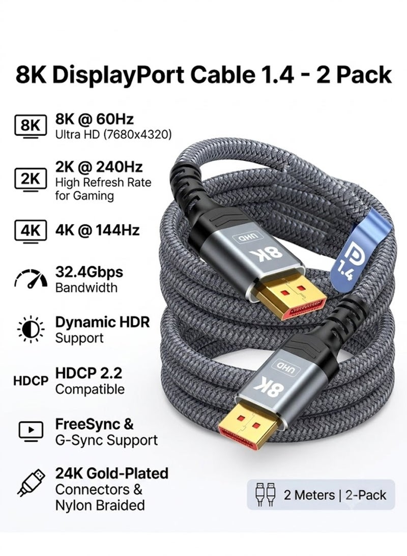 جوي فوكس كابل 8K DisplayPort 1.4، كابل DP 2 متر، عبوة من قطعتين (8K@60Hz، 2K@240Hz، 4K@144Hz، 32.4Gbps)، كابل منفذ DisplayPort إلى DisplayPort (كابل DP إلى DP) متوافق مع أجهزة الكمبيوتر المحمولة وأجهزة التلفزيون وشاشات الألعاب - Image 2