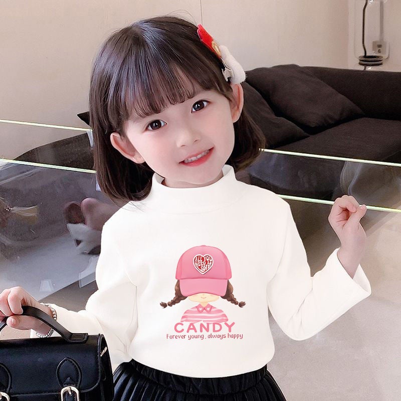 Children's Base Shirt Half-high Collar Girl's White Autumn and Winter Baby's Long-sleeved T-shirt De-velvet Base T-shirt - Image 1