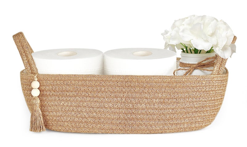 Mkono Mkono Small Storage Basket for Toilet Tank Top Boho Bathroom Decor Woven Rope Toilet Paper Tray Back of Toilet Organizer for Shelf Bedroom Living Room Jute 1 Pack 13L x 6W 