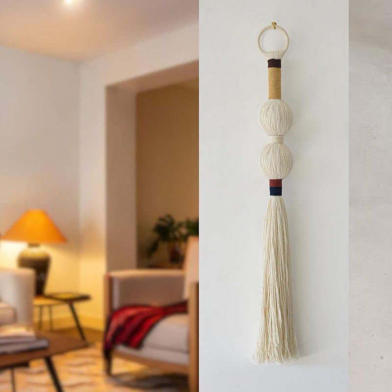 IOWER Macrame Wall Hanging Boho Decor Yarn Wall Art Small Sphericity Cotton Textile Tassel Hanging Fiber Art for Living Room Bedroom 27'' L x 2.3'' W - Image 2