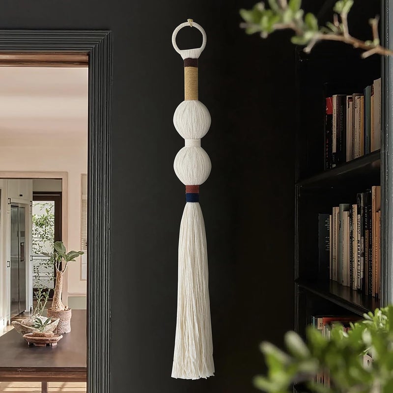 IOWER Macrame Wall Hanging Boho Decor Yarn Wall Art Small Sphericity Cotton Textile Tassel Hanging Fiber Art for Living Room Bedroom 27'' L x 2.3'' W - Image 1
