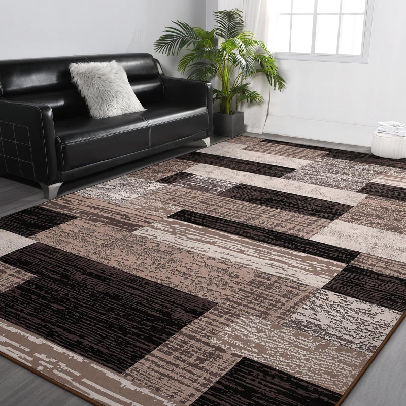 FlyDOIT Modern Geometric Patchwork Area Rug, 8x10 Chocolate Large Rugs for Living Room, Rockwood Collection Indoor Rugs for Bedroom, Throw Carpet Floor Decor for Entryway Dining Room Office Nursery - Image 2