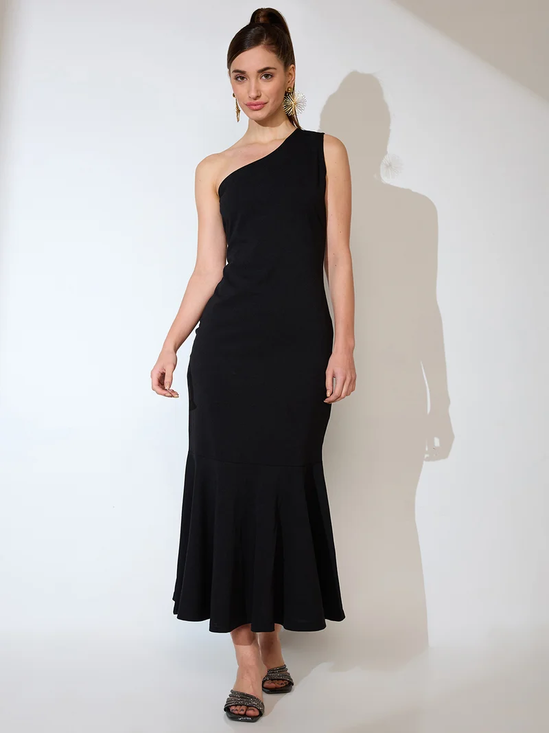 جلو باص Women One Shoulder Flared Hem Maxi Bodycon Party Dress