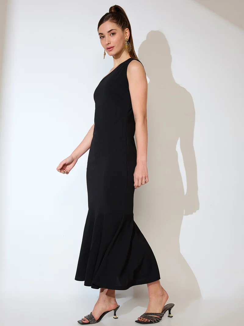 جلو باص Women One Shoulder Flared Hem Maxi Bodycon Party Dress