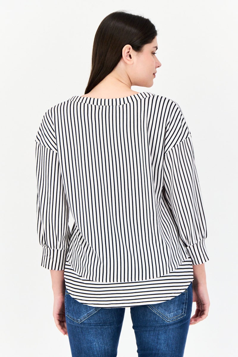 ADRIENNE VITTADINI Women Split Neck 3/4 Sleeve Stripe Blouse, Multicolor  - Image 3