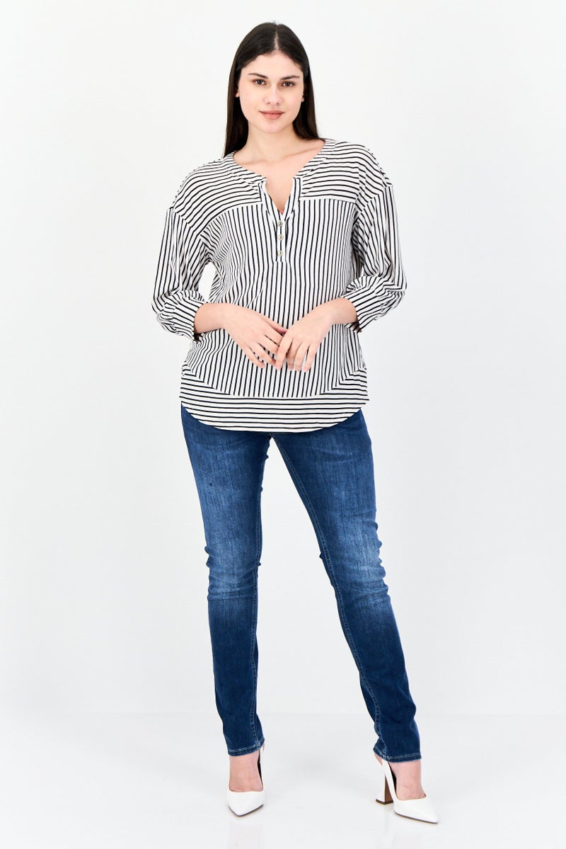 ADRIENNE VITTADINI Women Split Neck 3/4 Sleeve Stripe Blouse, Multicolor  - Image 4