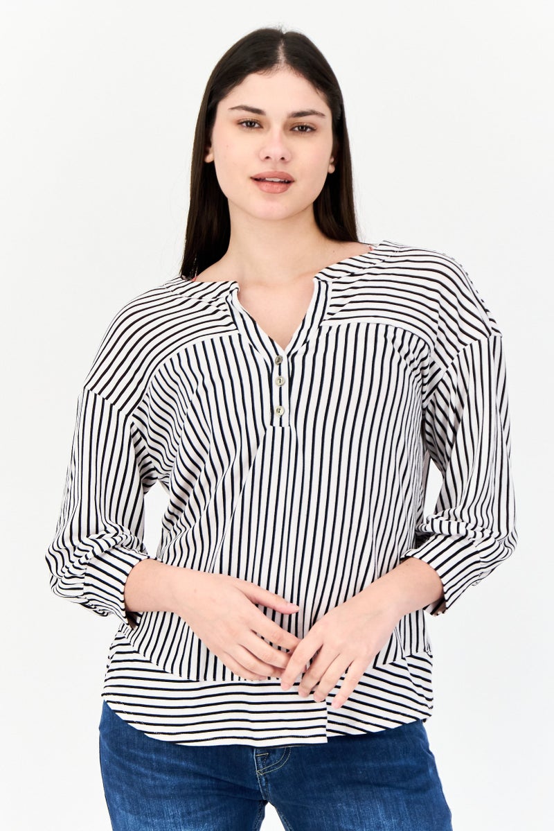 ADRIENNE VITTADINI Women Split Neck 3/4 Sleeve Stripe Blouse, Multicolor  - Image 1