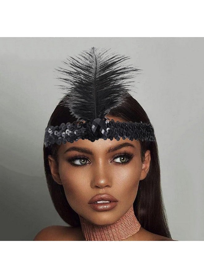 Aularso 1920S Flapper Headband Feather Hair Chain Sequins Head Chain Crown Rhinestone Headpieces Indian Hair Accessories For Women And Girls (Blacka) - Image 1
