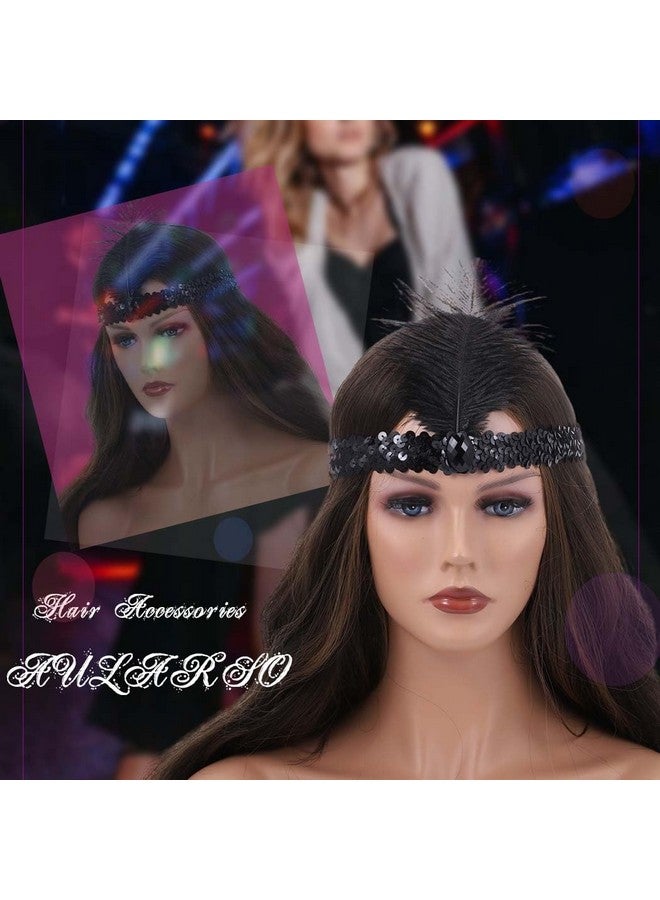 Aularso 1920S Flapper Headband Feather Hair Chain Sequins Head Chain Crown Rhinestone Headpieces Indian Hair Accessories For Women And Girls (Blacka) - Image 3