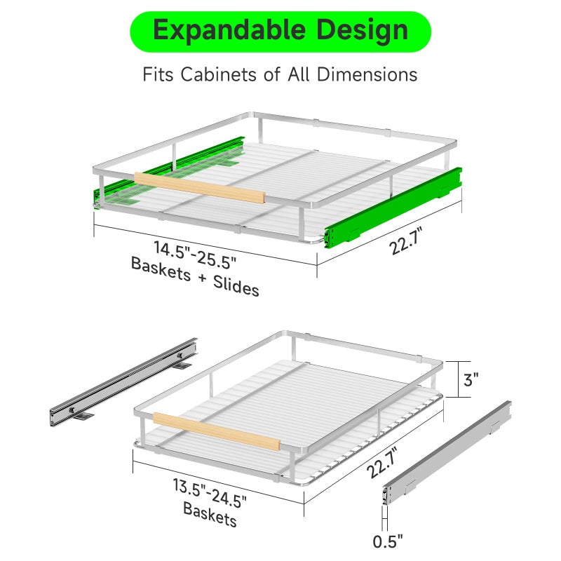 SOFRON Expandable Pull Out Drawers for Cabinets, Kitchen Cabinet Slide Out Shelves, Adjustable Roll Out Drawers, Stainless Steel, Large 2 Pack, (14.5"-25.5") Cabinet Width x 22.7" Depth - Image 2