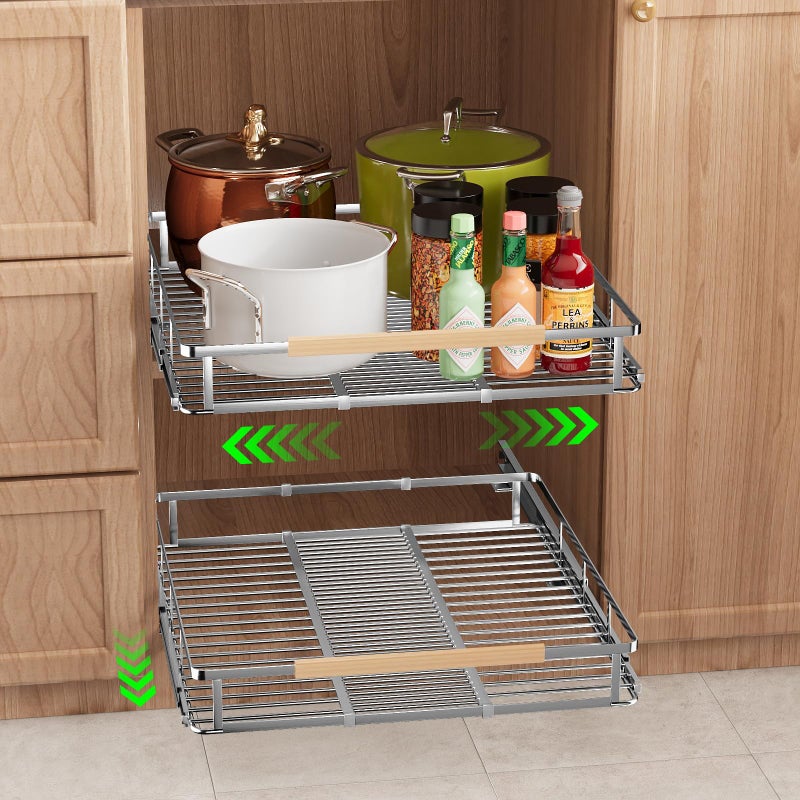 SOFRON Expandable Pull Out Drawers for Cabinets, Kitchen Cabinet Slide Out Shelves, Adjustable Roll Out Drawers, Stainless Steel, Large 2 Pack, (14.5"-25.5") Cabinet Width x 22.7" Depth - Image 1