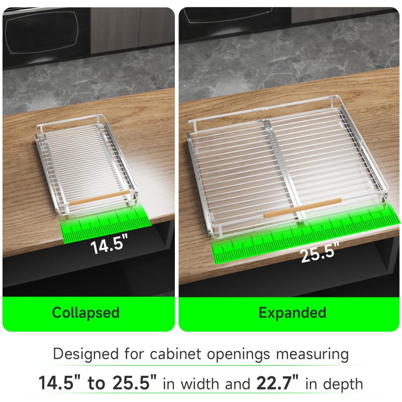SOFRON Expandable Pull Out Drawers for Cabinets, Kitchen Cabinet Slide Out Shelves, Adjustable Roll Out Drawers, Stainless Steel, Large 2 Pack, (14.5"-25.5") Cabinet Width x 22.7" Depth - Image 4