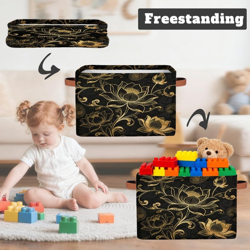 2 Pack Gold Lotus Pattern Large Foldable Storage Basket 15" x 11" x 9.5", Sturdy Canvas Organizer Storage Bins for Shelves, Closet, Toys, Nursery, Office & Living Room with Reinforced Handles - Image 3