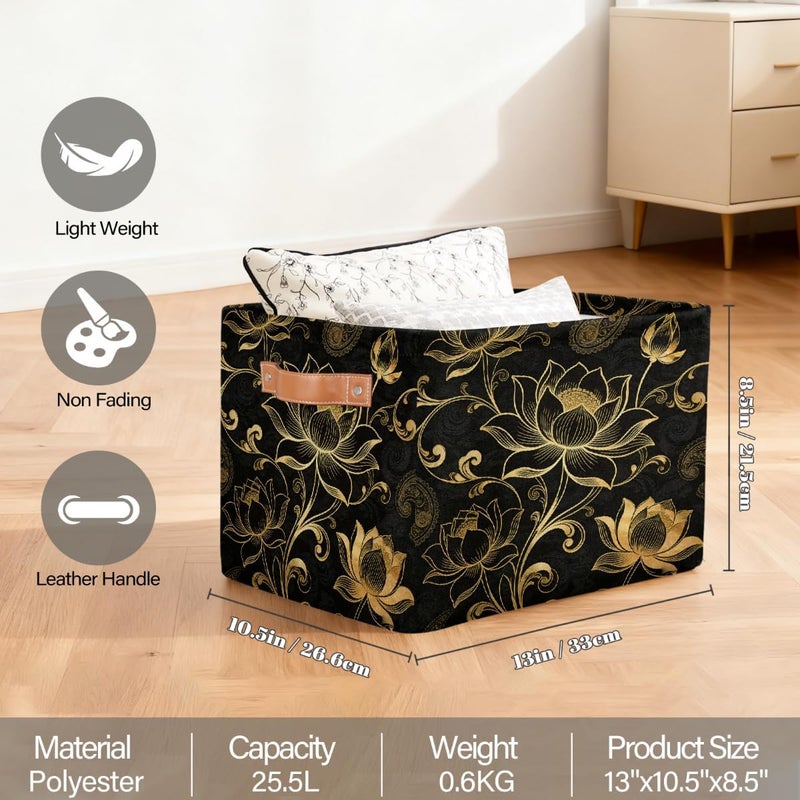 2 Pack Gold Lotus Pattern Large Foldable Storage Basket 15" x 11" x 9.5", Sturdy Canvas Organizer Storage Bins for Shelves, Closet, Toys, Nursery, Office & Living Room with Reinforced Handles - Image 2