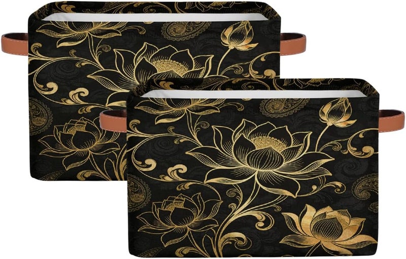 2 Pack Gold Lotus Pattern Large Foldable Storage Basket 15" x 11" x 9.5", Sturdy Canvas Organizer Storage Bins for Shelves, Closet, Toys, Nursery, Office & Living Room with Reinforced Handles - Image 1