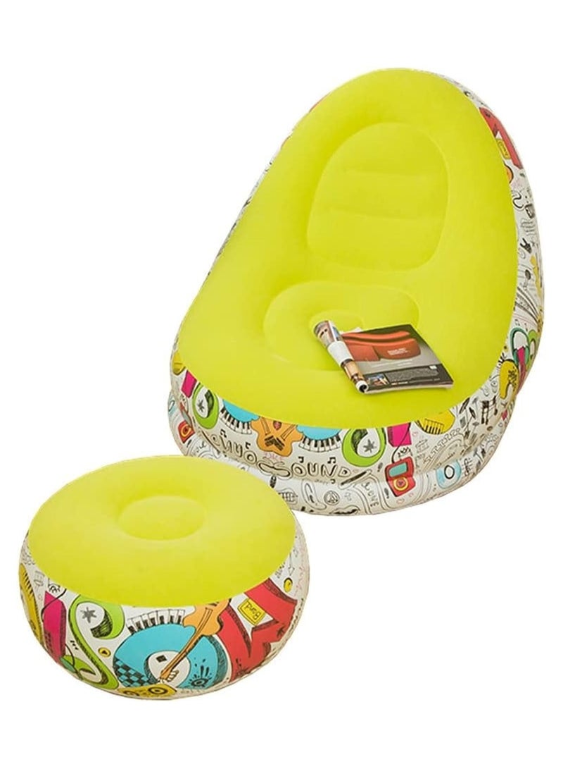 Generic Yellow Inflatable Lounge Chair with Ottoman Graffiti Design  - Image 2