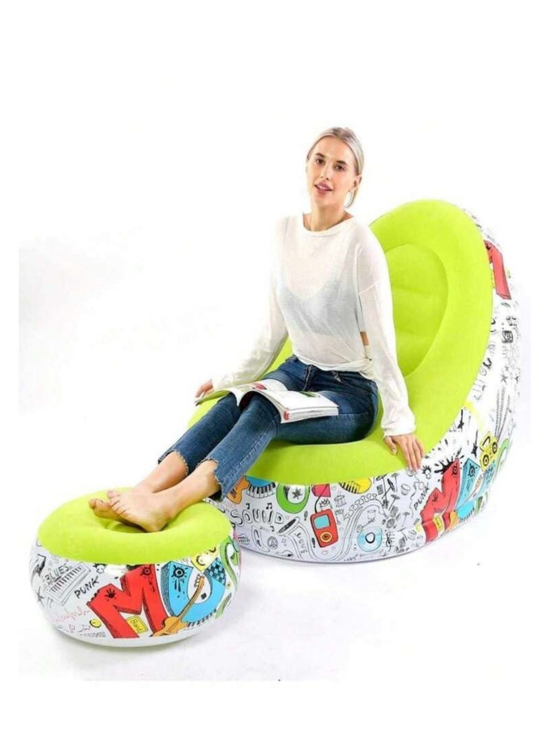 Generic Yellow Inflatable Lounge Chair with Ottoman Graffiti Design  - Image 4