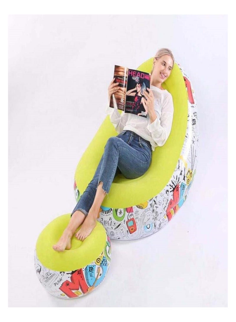Generic Yellow Inflatable Lounge Chair with Ottoman Graffiti Design  - Image 3