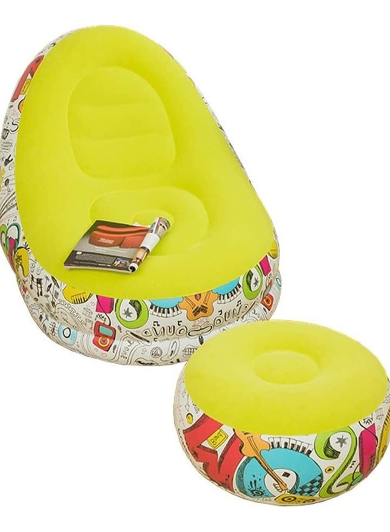 Generic Yellow Inflatable Lounge Chair with Ottoman Graffiti Design  - Image 1
