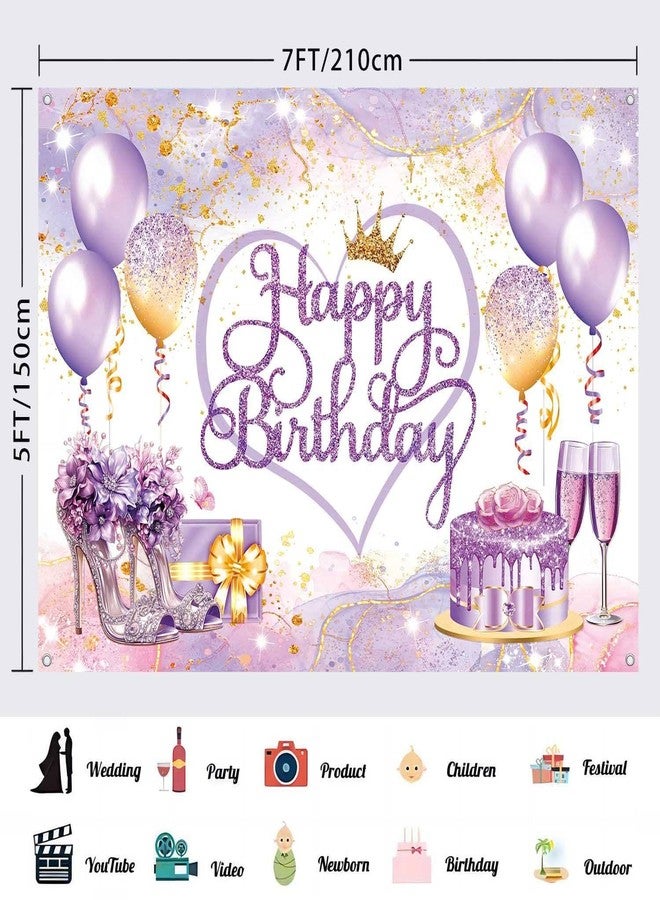 LDWLYW 7x5ft Purple Gold Happy Birthday Banner Backdrop Pink Purple Sign Birthday Decorations for Women Girls Large Balloons High Heels Champagne Theme Photo Background Party Decor - Image 3