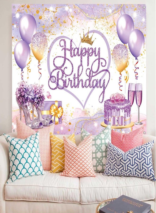 LDWLYW 7x5ft Purple Gold Happy Birthday Banner Backdrop Pink Purple Sign Birthday Decorations for Women Girls Large Balloons High Heels Champagne Theme Photo Background Party Decor - Image 5