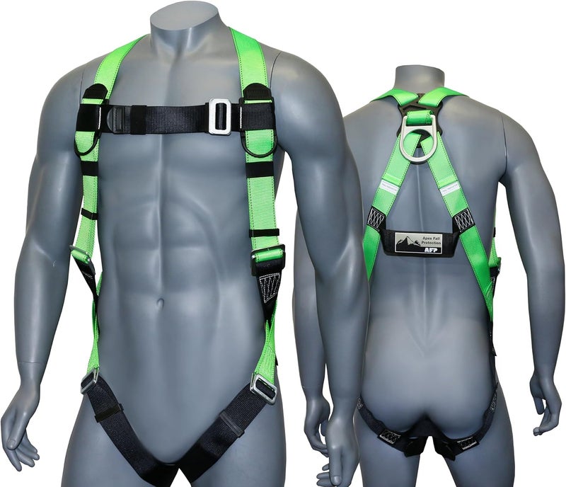 afp Universal Full-Body Fall Protection Safety Harness with Dorsal D-Ring and Mating Buckle Legs | Roofer, Construction, Scaffolding PPE | High-Visibility Green [OSHA/ANSI Compliant] - Image 1