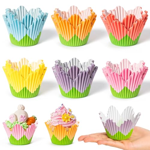 COcnny Flower Cupcake Paper Liner - 300pcs Easter Baking Cups Muffin Cupcakes Wrappers, Spring Lavender Tulip Cake Chocolate Candy Wrap Making Supplies for Spring Birthday Baby Shower Party (6 Styles) - Image 1