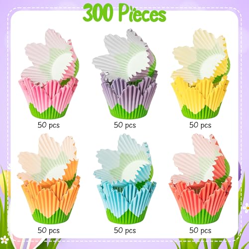 COcnny Flower Cupcake Paper Liner - 300pcs Easter Baking Cups Muffin Cupcakes Wrappers, Spring Lavender Tulip Cake Chocolate Candy Wrap Making Supplies for Spring Birthday Baby Shower Party (6 Styles) - Image 2