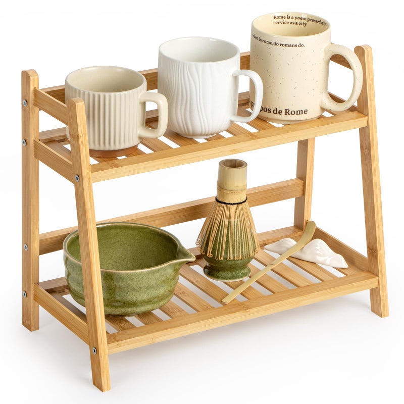 ANBOXIT Bamboo Matcha Station Organizer, Countertop 2 Tier Desktop Shelf for Mugs, Cups, and Condiments - Ideal for Matcha & Coffee Accessories in Kitchen, Home, Office - Image 1