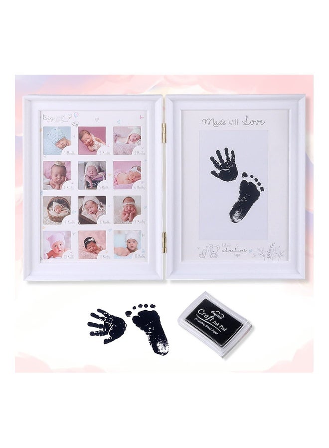 Baby Hand and Footprint Kit Framed Photo Anniversary Growth Record Gifts Reusable Ink Cartridge Frame Foldable White - Image 1