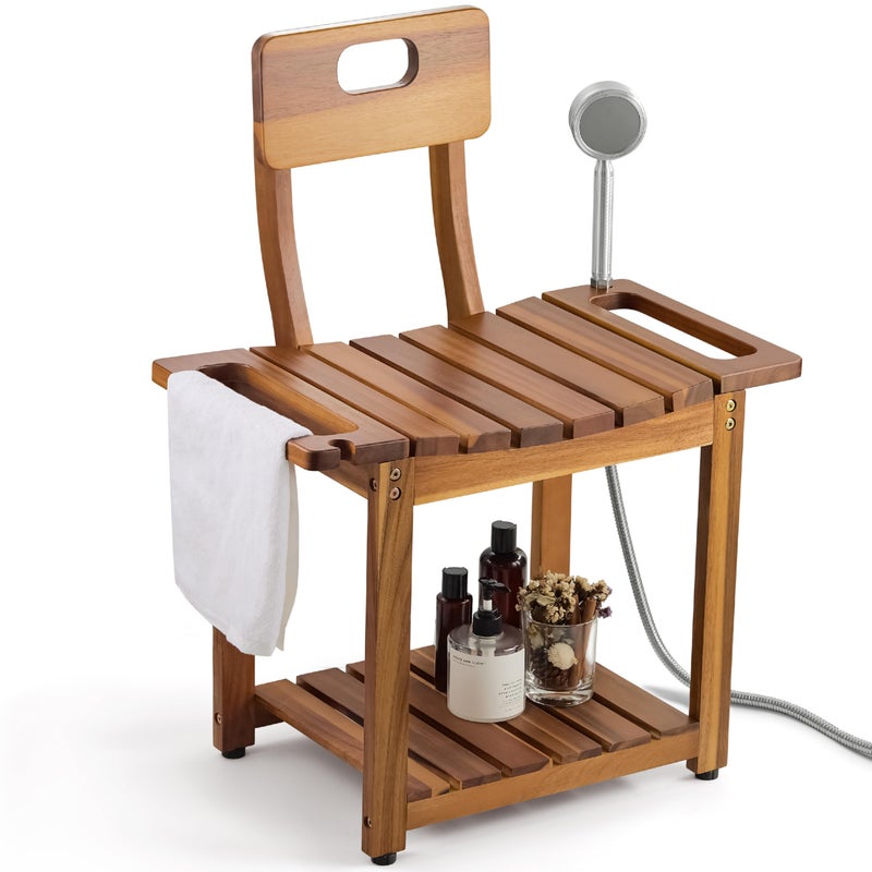 BLUEWEST 23.4'' Shower Chair with Backrest Bath Chair for Inside Shower or Tub, Heavy Duty 450 lbs Support, Non-Slip Feet, Shelf Storage, Built-in Handles for Elderly or Adults (Acacia) - Image 1
