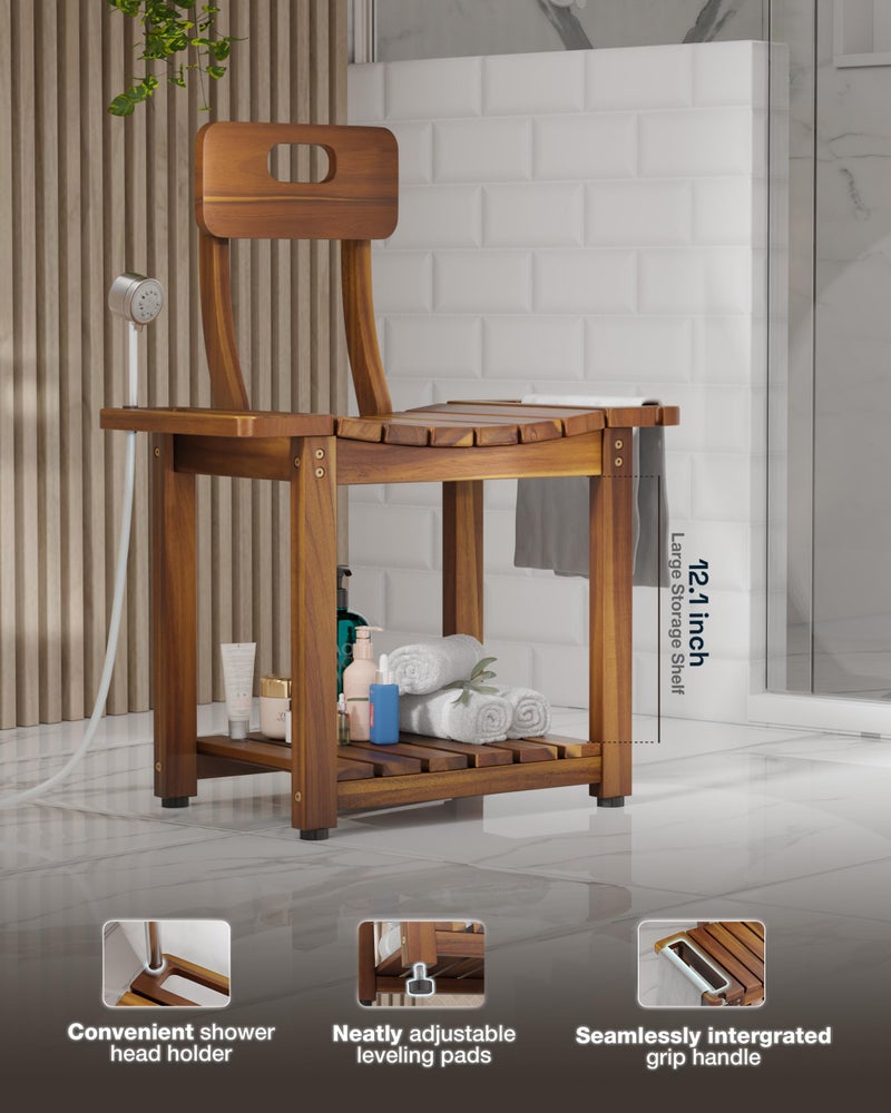 BLUEWEST 23.4'' Shower Chair with Backrest Bath Chair for Inside Shower or Tub, Heavy Duty 450 lbs Support, Non-Slip Feet, Shelf Storage, Built-in Handles for Elderly or Adults (Acacia) - Image 2