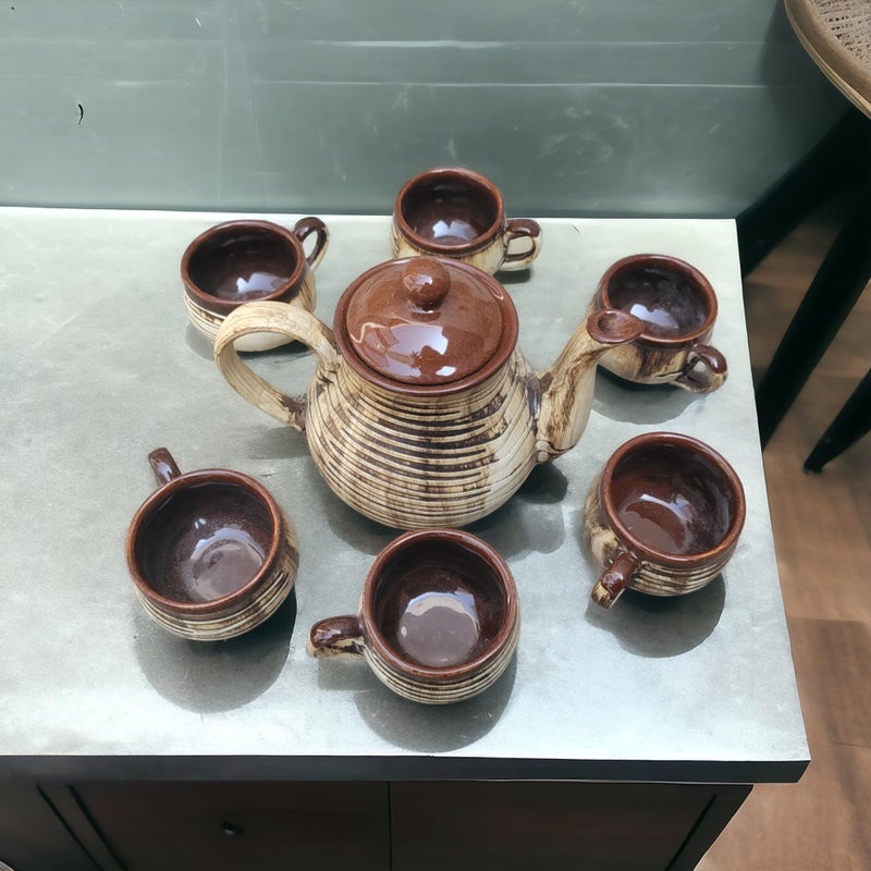 Malaikah Ceramic Brown Lining Tea Cup Set of 6 with Long Kettle - for Cold & Hot Drink, Microwave and Dishwasher Safe, Ideal Gift for Birthday, Anniversary, Tea Lover, Family (C- 150ML) (K - 1Ltr) - Image 1