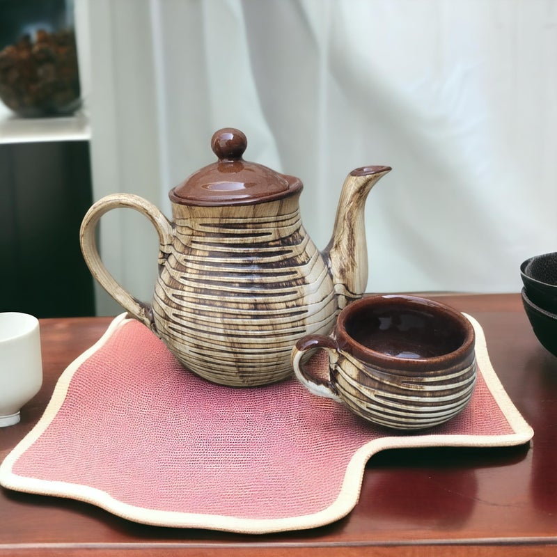 Malaikah Ceramic Brown Lining Tea Cup Set of 6 with Long Kettle - for Cold & Hot Drink, Microwave and Dishwasher Safe, Ideal Gift for Birthday, Anniversary, Tea Lover, Family (C- 150ML) (K - 1Ltr) - Image 2