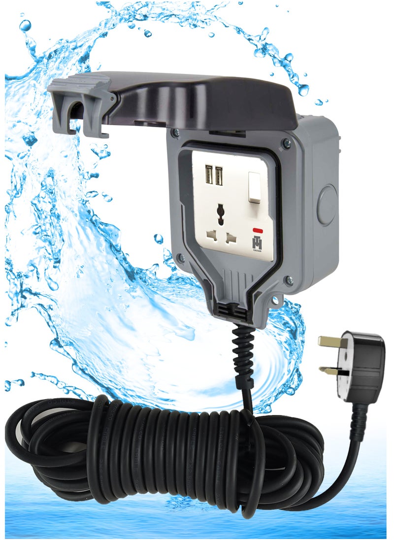 Hassan Hassan Waterproof Single USB Universal Extension Socket with 2 USB Ports - IP66 Rated, Perfect for Outdoor and Indoor Use, 250V 13A  - Image 1