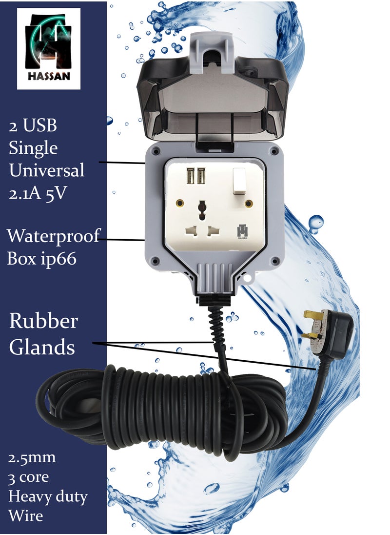 Hassan Hassan Waterproof Single USB Universal Extension Socket with 2 USB Ports - IP66 Rated, Perfect for Outdoor and Indoor Use, 250V 13A  - Image 2