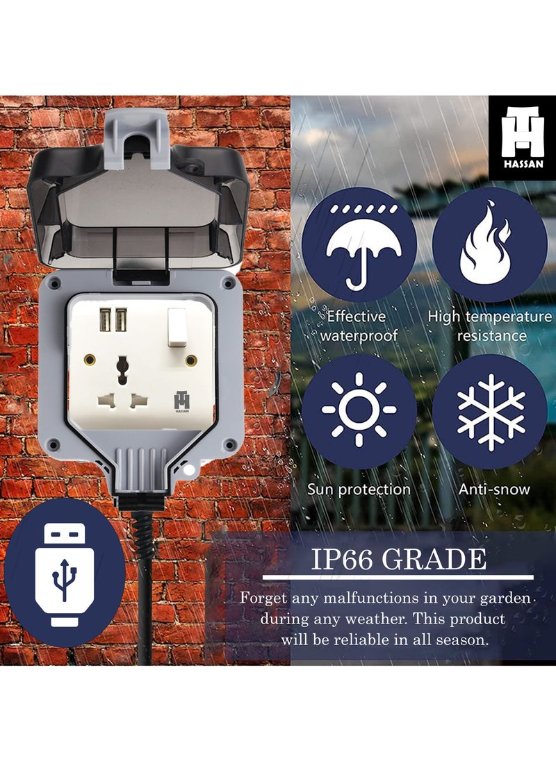 Hassan Hassan Waterproof Single USB Universal Extension Socket with 2 USB Ports - IP66 Rated, Perfect for Outdoor and Indoor Use, 250V 13A  - Image 3
