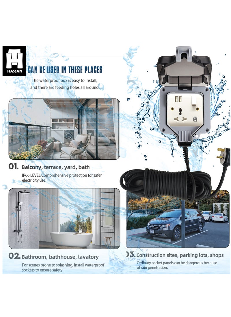 Hassan Hassan Waterproof Single USB Universal Extension Socket with 2 USB Ports - IP66 Rated, Perfect for Outdoor and Indoor Use, 250V 13A  - Image 4