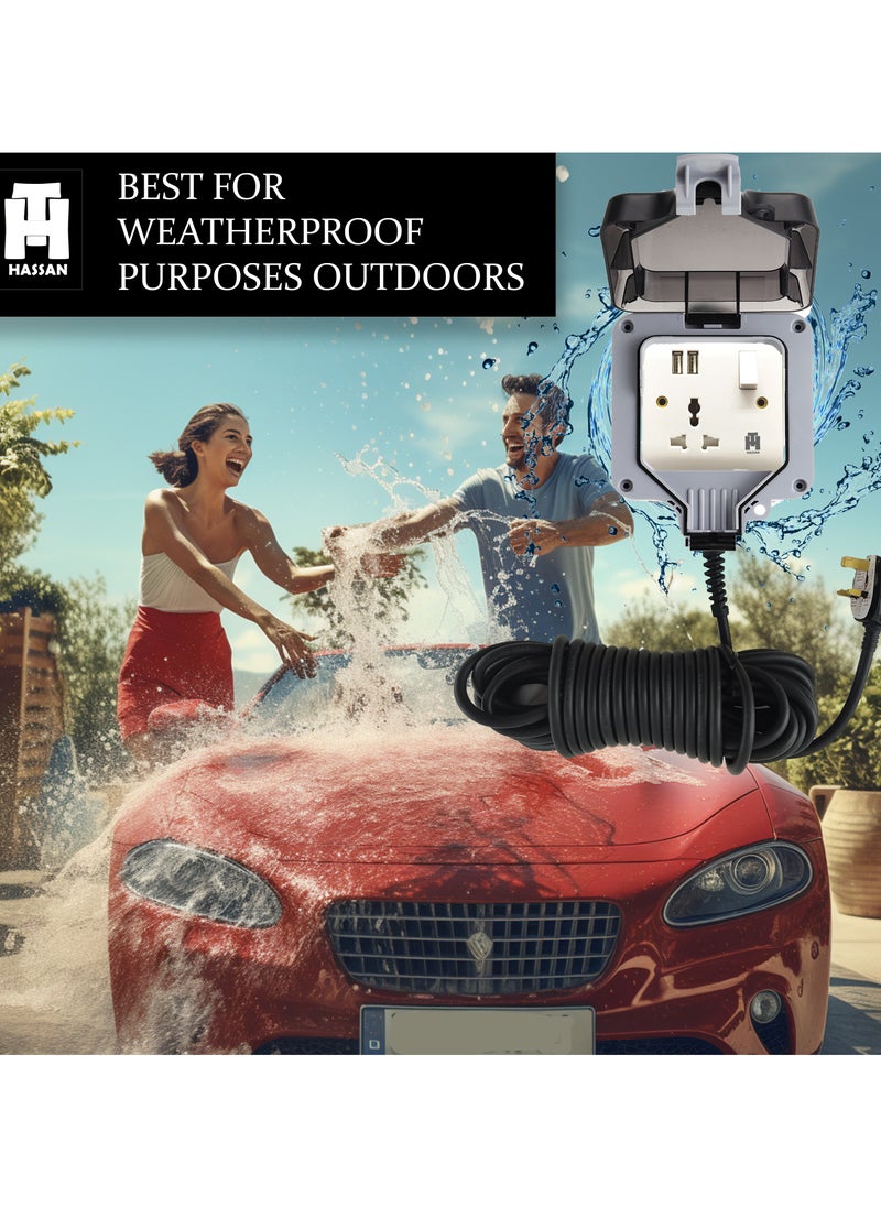 Hassan Hassan Waterproof Single USB Universal Extension Socket with 2 USB Ports - IP66 Rated, Perfect for Outdoor and Indoor Use, 250V 13A  - Image 5